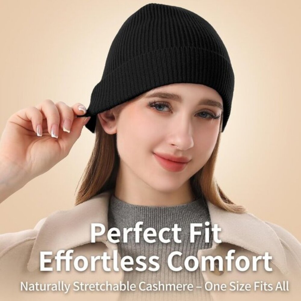 ⚡Women Black 100% Pure Mongolian Cashmere Knit Hat Ultra Soft Winter Beanie - Picture 3 of 9